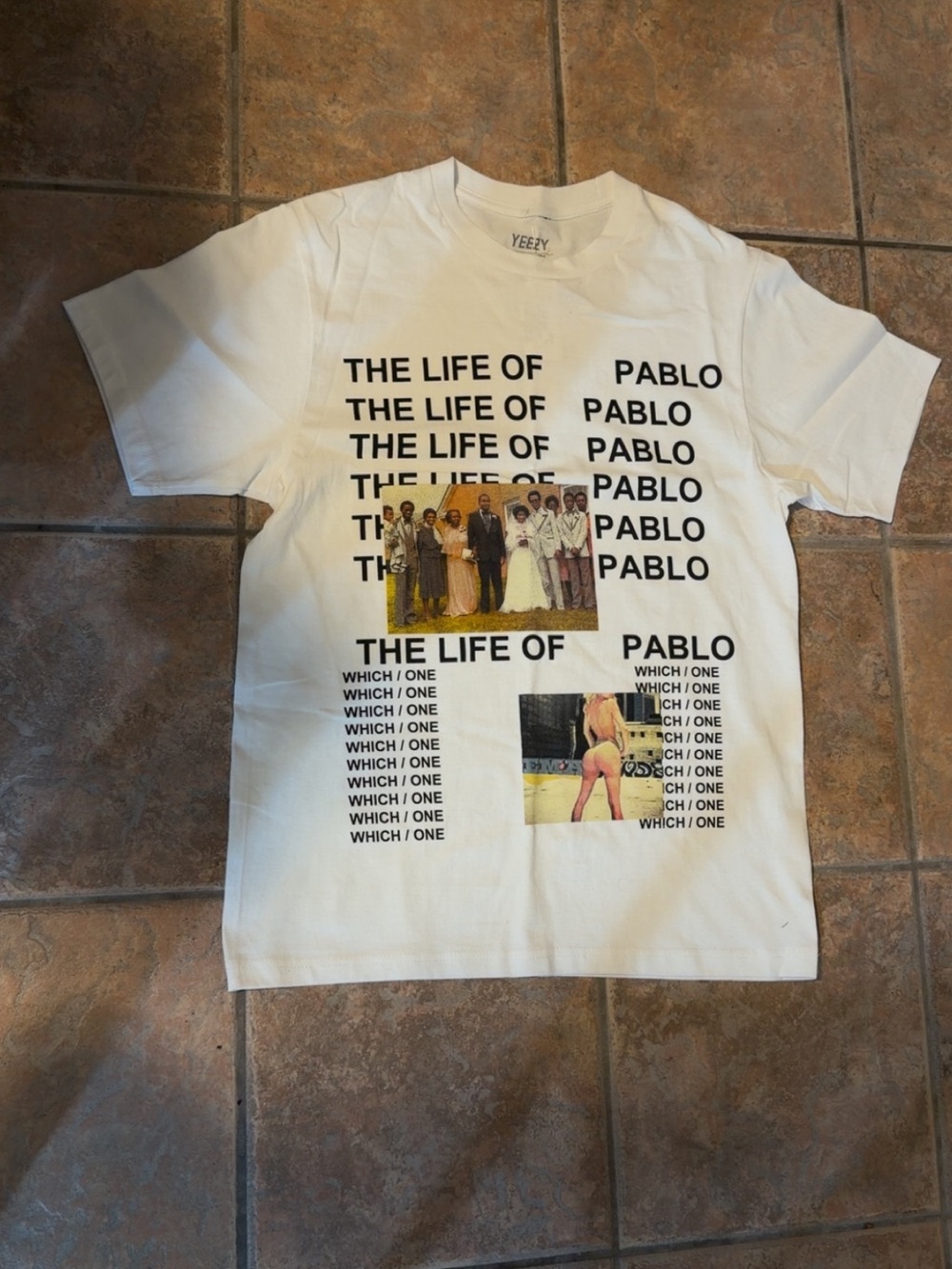 Yeezy White Graphic Tee with Black Text and Multicolor Photo Accents
